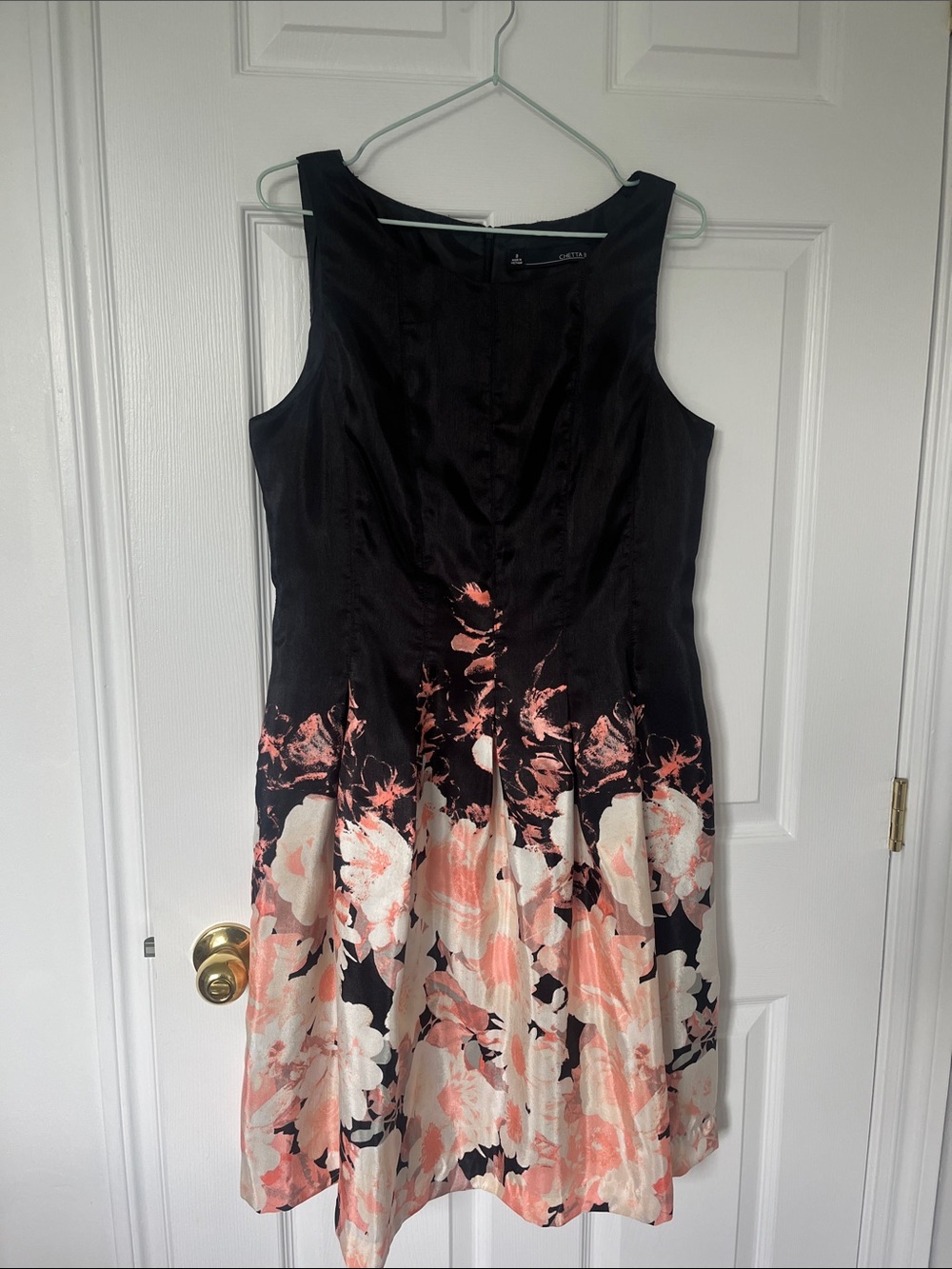 Chetta B Black Sleeveless A-Line Dress with Peach Floral Print